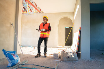 Young engineer in charge of building construction checking his tablet device