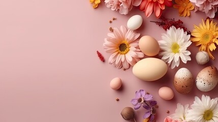 Fototapeta na wymiar Happy Easter Day with colorful eggs and flowers on pastel background
