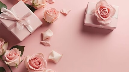 Valentine day banner design of Gift box and pink flowers on pink pastel background