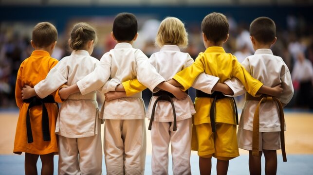 Group of young boys standing next to each other in a martial art tournament
