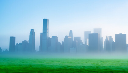 city skyline in the morning with grass field