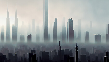 city in the foggy morning 