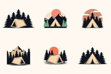 Camping summer collection vector graphic template outdoor adventure campfire set illustration