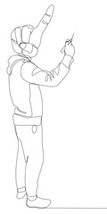 Abstract one continuous line of Man with hand as head pointing. Thin Line Illustration vector concept. Contour Drawing Creative ideas.