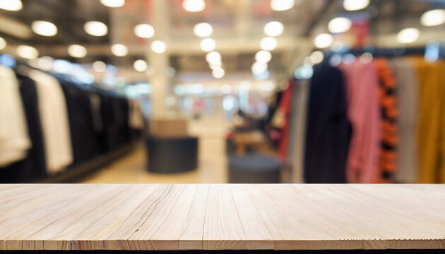 empty table top with blur clothing boutique display interior shopping mall background