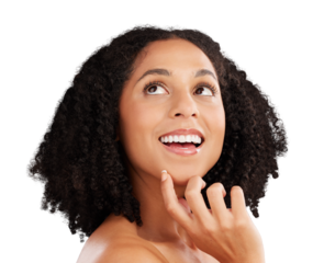 Natural beauty, skincare and smile, woman isolated on transparent png background for luxury facial care. Cosmetics, dermatology and thinking, face of model in aesthetic skin glow and happy confidence