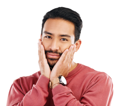 Adorable, shy and sweet with Asian man touching face, calm and casual clothes isolated on transparent png background. Portrait, coy facial expression and cute, handsome young male person with style - Powered by Adobe