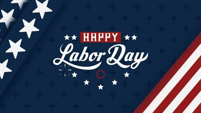 Animation of USA happy labor day, lettering text with USA flag background and fireworks splash