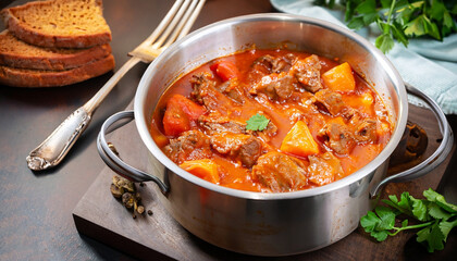 Delicious goulash casserole in a metal pot with thick rich gravy, meat and vegetables for a wholesome meal