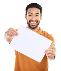 Happy man, poster mockup and advertising board, presentation and ambassador isolated on png transparent background. Male person with smile, portrait and show card, sign with news and brand marketing