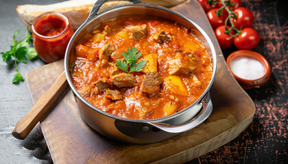 Delicious goulash casserole in a metal pot with thick rich gravy, meat and vegetables for a wholesome meal