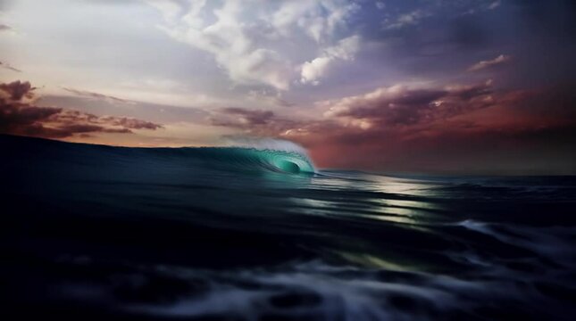 Golden Swell: Surfer's Paradise - Engaging image of an ideal surf wave silhouetted against a stunning sunset. Perfect for surf culture, travel escapades, and oceanic lifestyle content. Reworked genera