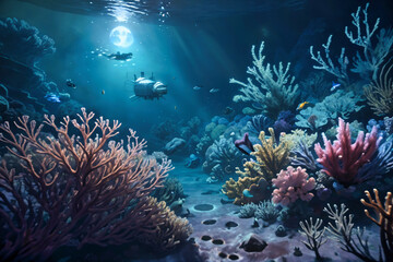 Fototapeta na wymiar Submersible explores the deep sea and underwater world