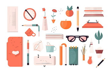 school items and elements learning study, flat design, Back to school concept