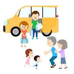 Obraz premium 車で帰省した家族を迎える老夫婦