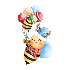 Happy little bee wearing a blue beanie and red scarf with antler and colorful balloons.