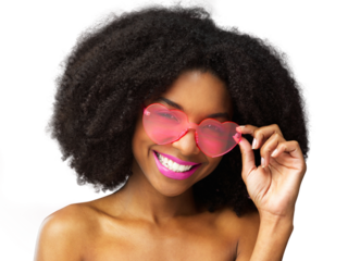 Portrait, fashion and heart glasses with a black woman isolated on a transparent background for trendy style. Face, smile and afro with an attractive young female person wearing emoji eyewear on PNG