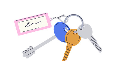 Door keys and trinket, plastic tag hanging on keyring. Keyholder, ring with house, apartment, room locking accessories. Private access. Flat vector illustration isolated on white background