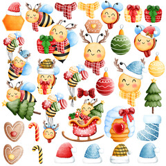 Obraz premium Set of cheerful happy little bee with christmas ornaments illustration.Watercolor cute animal with christmas accessories illustration.