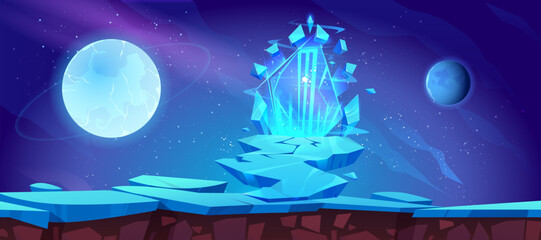 Fototapeta na wymiar Space game platform with magic ice portal. Vector cartoon illustration of stone bridge covered with snow, arch way to fantastic mirror gate glowing with neon blue, planets and stars in night sky