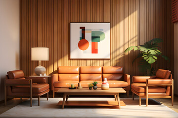 modern living room interior with leather sofa on terracotta brown wall, coffee table chairs and floor lamp decorations frame