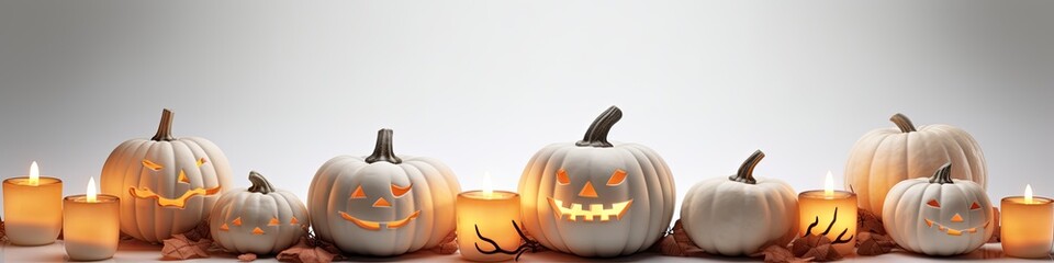 Festive banner minimalistic halloween carved pumpkins and lit candles on white background, blank copy space. Generative AI