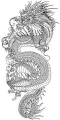 Chinese or East Asian dragon in vertical position. A head facing towards the left side and baring its teeth, a serpent-like body, elegantly coiled around a central focal point. Traditional tattoo styl