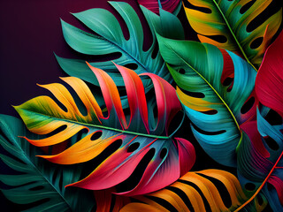 Stylish decor of bright leaves of fantastic plants on a black background. Generative AI