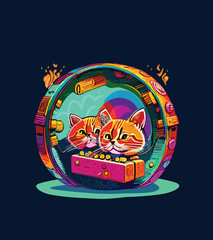 Cyberpunk Cat Sticker Design. Futuristic cat illustration.