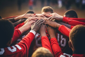 Teenage boy high school football team connecting hands in huddle  - Generative AI - obrazy, fototapety, plakaty