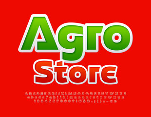 Vector colorful advertisement Agro Store. Creative Bright Font. Trendy set of Alphabet Letters, Numbers and Symbols