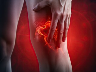 Human knee joint with painful rheumatoid arthritis disease area glowing red. Generative AI - obrazy, fototapety, plakaty
