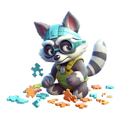 Obraz na płótnie Canvas Clever Raccoon with a Masked Face Solving Puzzles - Plasticine Illustration 1
