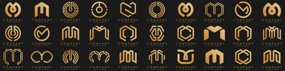 Set of letter M logo design vector. Collection of modern M letter design in golden.