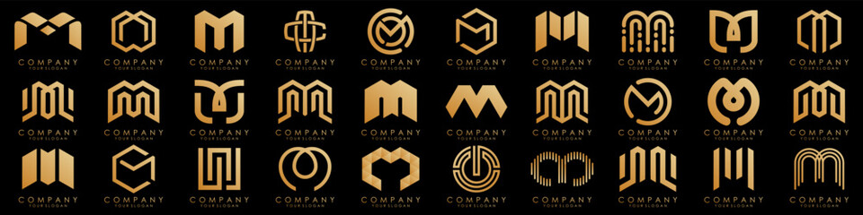 Set of letter M logo design vector. Collection of modern M letter design in golden.