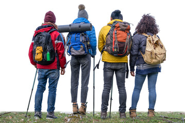 Multiracial friends at the mountain - Group of young hikers with backpacks and trekking clothes...