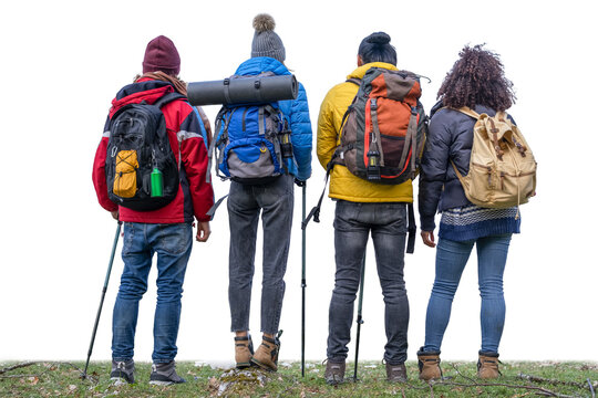 Multiracial friends at the mountain - Group of young hikers with backpacks and trekking clothes with their backs to the camera. Transparent background