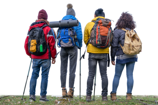 Multiracial friends at the mountain - Group of young hikers with backpacks and trekking clothes with their backs to the camera. Transparent background - Powered by Adobe