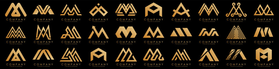 Set of letter M logo design vector. Collection of modern M letter design in golden. - obrazy, fototapety, plakaty
