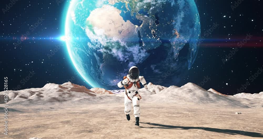 Wall mural astronaut running on a planet surface. making first steps. planet mars colonization concept. space r