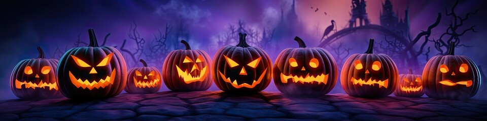 Festive banner minimalistic glowing halloween carved pumpkins with neon background, blank copy space. Generative AI