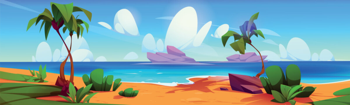 Island beach game landscape summer vector paradise. Tropical vacation time location with palm tree, sea water and sand shore. Caribbean wild ocean coast environment to explore cartoon illustration