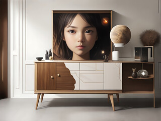 Premium Wood Sideboard and Radiant Portrait in a brown Color