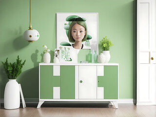 Premium Wood Sideboard and Radiant Portrait in a green Color