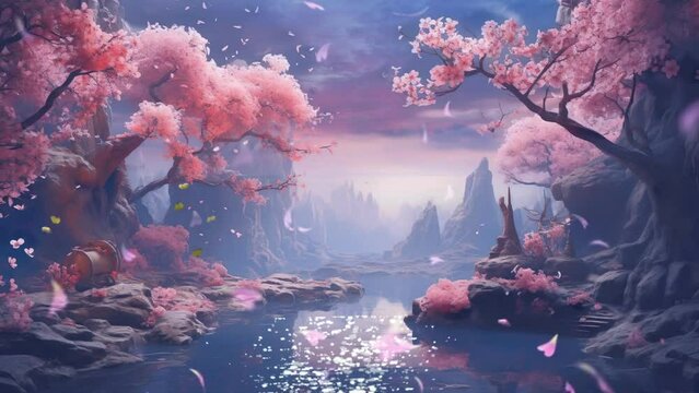 Flying butterfly with cherry blossoms rain flower at the river. Night scene with shooting stars. Seamless repeat continue looping animation