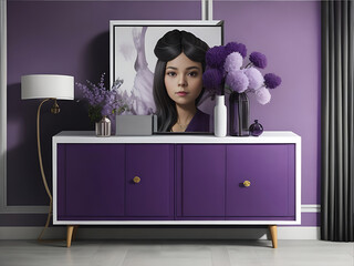 Premium Wood Sideboard and Radiant Portrait in a Purple gray Color