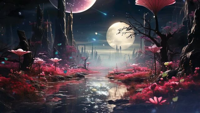 Fantasy dream night at the forest with lotus, butterflies, shining lake, big moon and planet, shooting stars. Loop animation