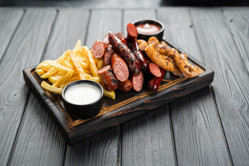 Grilled sausages and sauces served on cutting board on dark wooden background