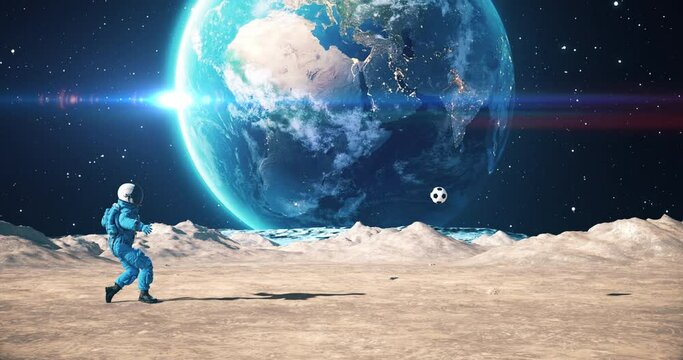Astronaut On An Alien Planet Playing Soccer. Space Related Majestic Scene. Slow Motion.