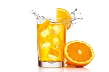 100% Organic Fresh orange juice in the glass with slices of oranges and green leaf isolated on white background , Created with Generate Ai Technology